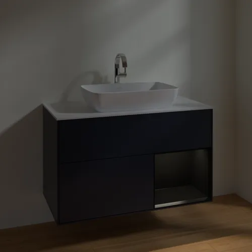 VILLEROY BOCH Finion Waschbeckenunterschrank, mit Beleuchtung, 2 Auszüge, 1000 x 603 x 501 mm, Midnight Blue Matt Lacquer / Black Matt Lacquer / Glass White Matt #F781PDHG, Bild 5