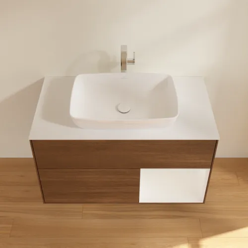 Bild von VILLEROY BOCH Finion Waschbeckenunterschrank, mit Beleuchtung, 2 Auszüge, 1000 x 603 x 501 mm, Walnut Veneer / Glossy White Lacquer / Glass White Matt #F781GFGN