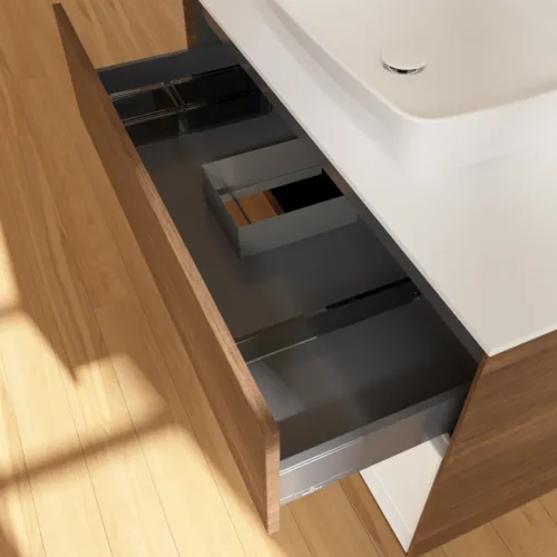 Bild von VILLEROY BOCH Finion Waschbeckenunterschrank, mit Beleuchtung, 2 Auszüge, 1000 x 603 x 501 mm, Walnut Veneer / Glossy White Lacquer / Glass White Matt #F781GFGN