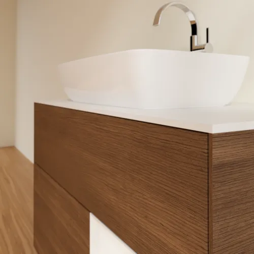 Bild von VILLEROY BOCH Finion Waschbeckenunterschrank, mit Beleuchtung, 2 Auszüge, 1000 x 603 x 501 mm, Walnut Veneer / Glossy White Lacquer / Glass White Matt #F781GFGN
