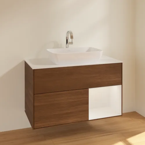 Bild von VILLEROY BOCH Finion Waschbeckenunterschrank, mit Beleuchtung, 2 Auszüge, 1000 x 603 x 501 mm, Walnut Veneer / Glossy White Lacquer / Glass White Matt #F781GFGN