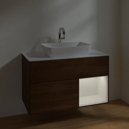 Bild von VILLEROY BOCH Finion Waschbeckenunterschrank, mit Beleuchtung, 2 Auszüge, 1000 x 603 x 501 mm, Walnut Veneer / Glossy White Lacquer / Glass White Matt #F781GFGN