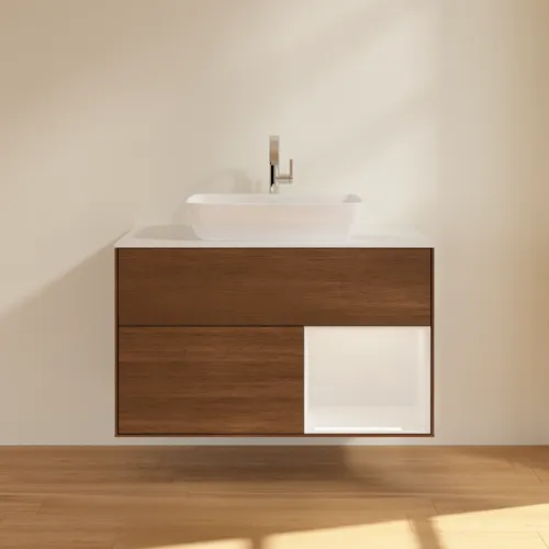 Bild von VILLEROY BOCH Finion Waschbeckenunterschrank, mit Beleuchtung, 2 Auszüge, 1000 x 603 x 501 mm, Walnut Veneer / Glossy White Lacquer / Glass White Matt #F781GFGN