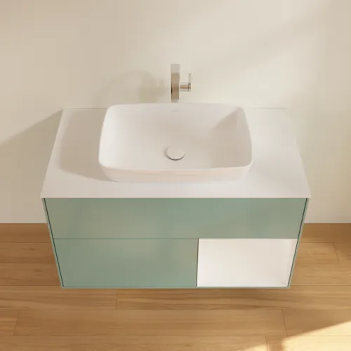 VILLEROY BOCH Finion Waschbeckenunterschrank, mit Beleuchtung, 2 Auszüge, 1000 x 603 x 501 mm, Olive Matt Lacquer / Glossy White Lacquer / Glass White Matt #F781GFGM, Bild 4