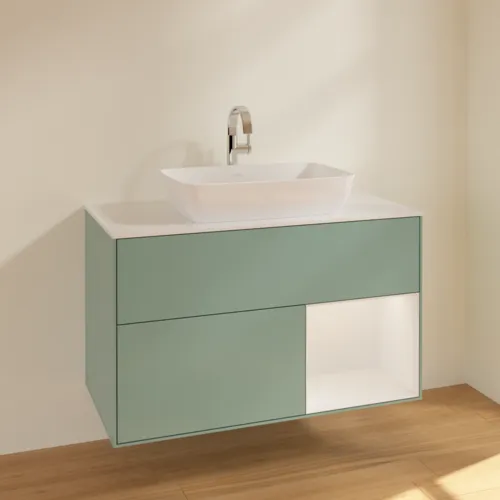 VILLEROY BOCH Finion Waschbeckenunterschrank, mit Beleuchtung, 2 Auszüge, 1000 x 603 x 501 mm, Olive Matt Lacquer / Glossy White Lacquer / Glass White Matt #F781GFGM, Bild 2