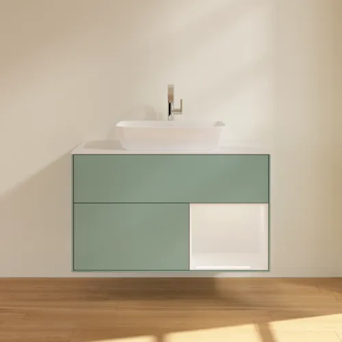 VILLEROY BOCH Finion Waschbeckenunterschrank, mit Beleuchtung, 2 Auszüge, 1000 x 603 x 501 mm, Olive Matt Lacquer / Glossy White Lacquer / Glass White Matt #F781GFGM, Bild 3