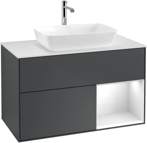 Зображення з  VILLEROY BOCH Finion Vanity unit, with lighting, 2 pull-out compartments, 1000 x 603 x 501 mm, Midnight Blue Matt Lacquer / Glossy White Lacquer / Glass White Matt #F781GFHG
