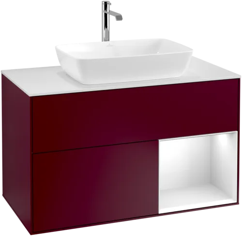 Зображення з  VILLEROY BOCH Finion Vanity unit, with lighting, 2 pull-out compartments, 1000 x 603 x 501 mm, Peony Matt Lacquer / Glossy White Lacquer / Glass White Matt #F781GFHB