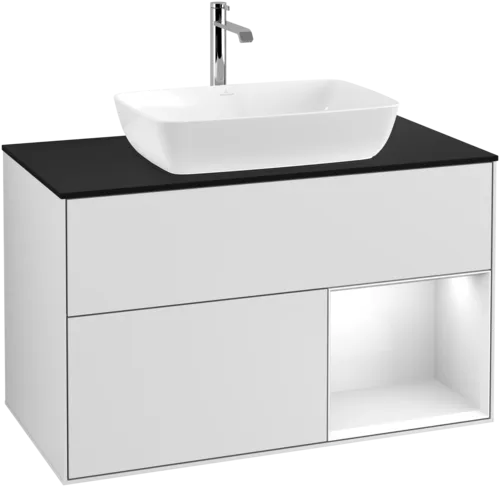Зображення з  VILLEROY BOCH Finion Vanity unit, with lighting, 2 pull-out compartments, 1000 x 603 x 501 mm, White Matt Lacquer / Glossy White Lacquer / Glass Black Matt #F782GFMT