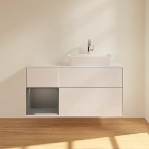 Bild von VILLEROY BOCH Finion Waschbeckenunterschrank, mit Beleuchtung, 3 Auszüge, 1200 x 603 x 501 mm, Glossy White Lacquer / Anthracite Matt Lacquer / Glass White Matt #F801GKGF