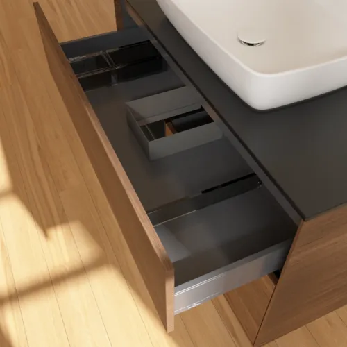 Bild von VILLEROY BOCH Finion Waschbeckenunterschrank, mit Beleuchtung, 2 Auszüge, 1000 x 603 x 501 mm, Walnut Veneer / Black Matt Lacquer / Glass Black Matt #F772PDGN