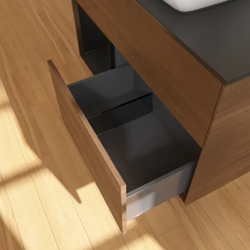 Bild von VILLEROY BOCH Finion Waschbeckenunterschrank, mit Beleuchtung, 2 Auszüge, 1000 x 603 x 501 mm, Walnut Veneer / Black Matt Lacquer / Glass Black Matt #F772PDGN