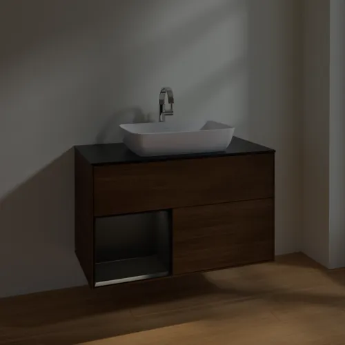 Bild von VILLEROY BOCH Finion Waschbeckenunterschrank, mit Beleuchtung, 2 Auszüge, 1000 x 603 x 501 mm, Walnut Veneer / Black Matt Lacquer / Glass Black Matt #F772PDGN