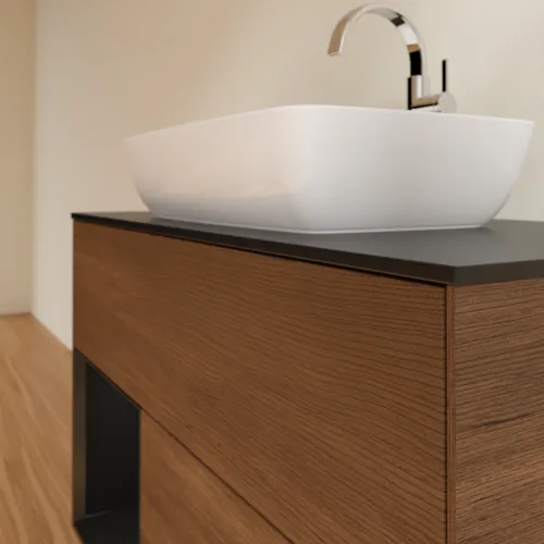 Bild von VILLEROY BOCH Finion Waschbeckenunterschrank, mit Beleuchtung, 2 Auszüge, 1000 x 603 x 501 mm, Walnut Veneer / Black Matt Lacquer / Glass Black Matt #F772PDGN