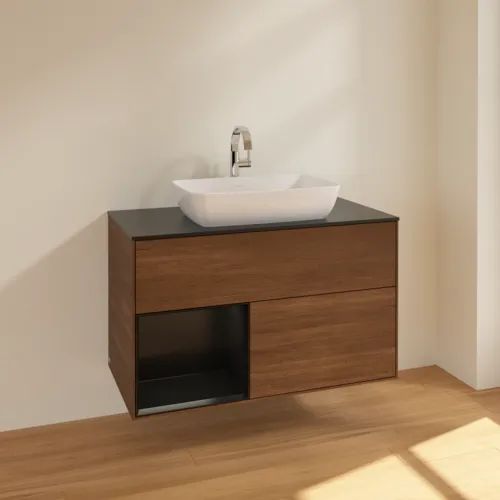 Bild von VILLEROY BOCH Finion Waschbeckenunterschrank, mit Beleuchtung, 2 Auszüge, 1000 x 603 x 501 mm, Walnut Veneer / Black Matt Lacquer / Glass Black Matt #F772PDGN