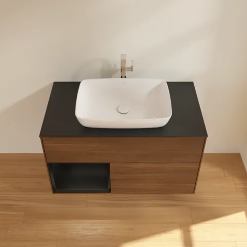 Bild von VILLEROY BOCH Finion Waschbeckenunterschrank, mit Beleuchtung, 2 Auszüge, 1000 x 603 x 501 mm, Walnut Veneer / Black Matt Lacquer / Glass Black Matt #F772PDGN