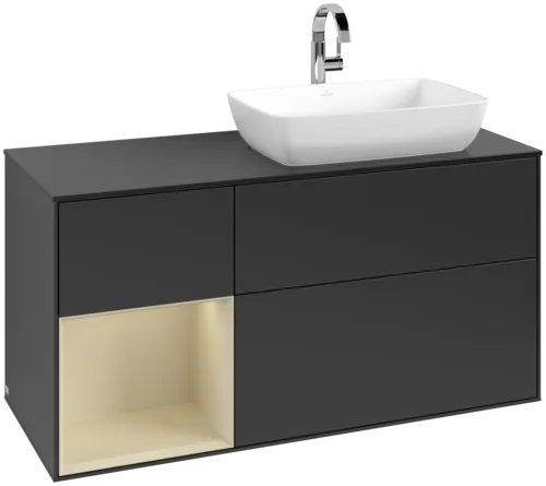 Picture of VILLEROY BOCH Finion Vanity unit, with lighting, 3 pull-out compartments, 1200 x 603 x 501 mm, Black Matt Lacquer / Silk Grey Matt Lacquer / Glass Black Matt #F802HJPD