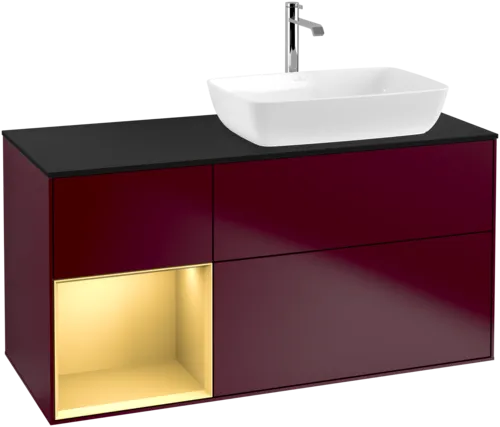 Picture of VILLEROY BOCH Finion Vanity unit, with lighting, 3 pull-out compartments, 1200 x 603 x 501 mm, Peony Matt Lacquer / Gold Matt Lacquer / Glass Black Matt #F802HFHB