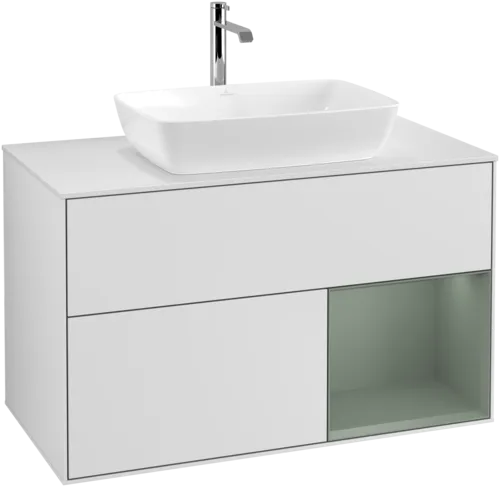 Picture of VILLEROY BOCH Finion Vanity unit, with lighting, 2 pull-out compartments, 1000 x 603 x 501 mm, White Matt Lacquer / Olive Matt Lacquer / Glass White Matt #F781GMMT