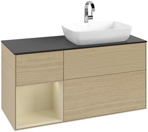 Picture of VILLEROY BOCH Finion Vanity unit, with lighting, 3 pull-out compartments, 1200 x 603 x 501 mm, Oak Veneer / Silk Grey Matt Lacquer / Glass Black Matt #F802HJPC