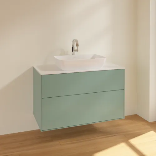 Bild von VILLEROY BOCH Finion Waschbeckenunterschrank, 2 Auszüge, 1000 x 603 x 501 mm, Olive Matt Lacquer / Glass White Matt #F76100GM