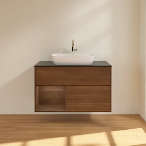Obrázek VILLEROY BOCH Finion Vanity unit, with lighting, 2 pull-out compartments, 1000 x 603 x 501 mm, Walnut Veneer / Walnut Veneer / Glass Black Matt #F772GNGN