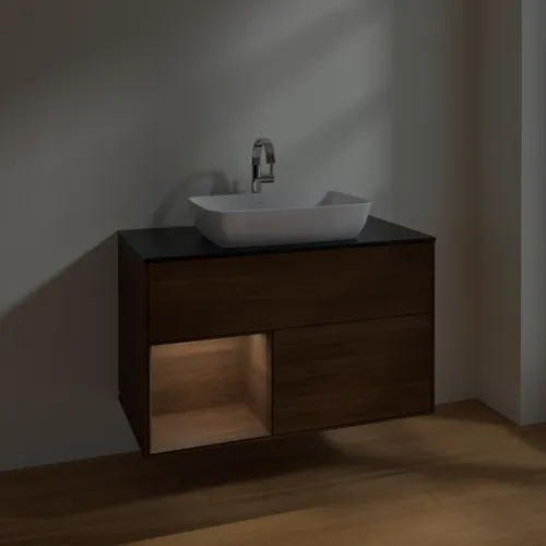 Obrázek VILLEROY BOCH Finion Vanity unit, with lighting, 2 pull-out compartments, 1000 x 603 x 501 mm, Walnut Veneer / Walnut Veneer / Glass Black Matt #F772GNGN