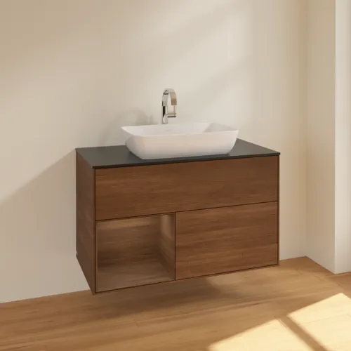 Obrázek VILLEROY BOCH Finion Vanity unit, with lighting, 2 pull-out compartments, 1000 x 603 x 501 mm, Walnut Veneer / Walnut Veneer / Glass Black Matt #F772GNGN