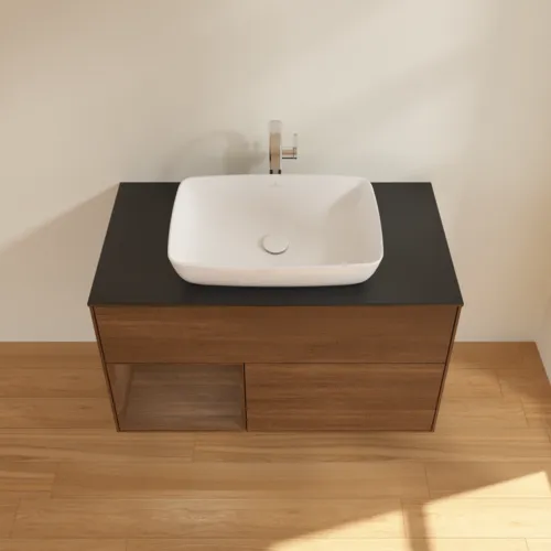 Obrázek VILLEROY BOCH Finion Vanity unit, with lighting, 2 pull-out compartments, 1000 x 603 x 501 mm, Walnut Veneer / Walnut Veneer / Glass Black Matt #F772GNGN