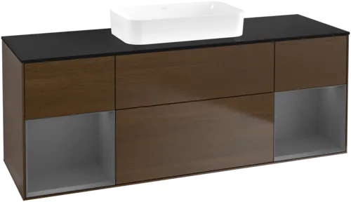 VILLEROY BOCH Finion Vanity unit, with lighting, 4 pull-out compartments, 1600 x 603 x 501 mm, Walnut Veneer / Anthracite Matt Lacquer / Glass Black Matt #F742GKGN resmi