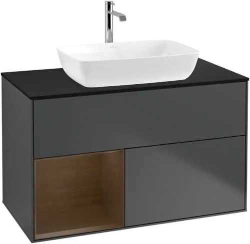 Picture of VILLEROY BOCH Finion Vanity unit, with lighting, 2 pull-out compartments, 1000 x 603 x 501 mm, Midnight Blue Matt Lacquer / Walnut Veneer / Glass Black Matt #F772GNHG
