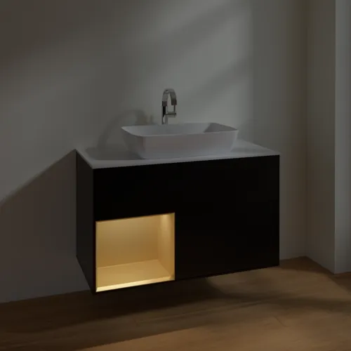 VILLEROY BOCH Finion Waschbeckenunterschrank, mit Beleuchtung, 2 Auszüge, 1000 x 603 x 501 mm, Black Matt Lacquer / Gold Matt Lacquer / Glass White Matt #F771HFPD, Bild 5