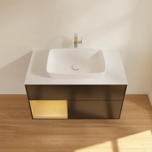 VILLEROY BOCH Finion Waschbeckenunterschrank, mit Beleuchtung, 2 Auszüge, 1000 x 603 x 501 mm, Black Matt Lacquer / Gold Matt Lacquer / Glass White Matt #F771HFPD, Bild 4