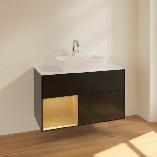 VILLEROY BOCH Finion Waschbeckenunterschrank, mit Beleuchtung, 2 Auszüge, 1000 x 603 x 501 mm, Black Matt Lacquer / Gold Matt Lacquer / Glass White Matt #F771HFPD, Bild 2