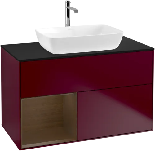 Picture of VILLEROY BOCH Finion Vanity unit, with lighting, 2 pull-out compartments, 1000 x 603 x 501 mm, Peony Matt Lacquer / Walnut Veneer / Glass Black Matt #F772GNHB