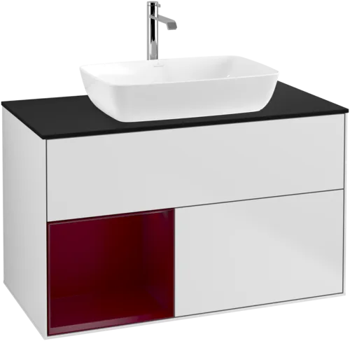 Picture of VILLEROY BOCH Finion Vanity unit, with lighting, 2 pull-out compartments, 1000 x 603 x 501 mm, White Matt Lacquer / Peony Matt Lacquer / Glass Black Matt #F772HBMT