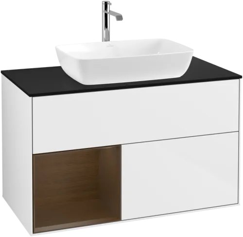 Picture of VILLEROY BOCH Finion Vanity unit, with lighting, 2 pull-out compartments, 1000 x 603 x 501 mm, Glossy White Lacquer / Walnut Veneer / Glass Black Matt #F772GNGF