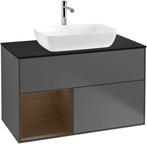 Picture of VILLEROY BOCH Finion Vanity unit, with lighting, 2 pull-out compartments, 1000 x 603 x 501 mm, Anthracite Matt Lacquer / Walnut Veneer / Glass Black Matt #F772GNGK