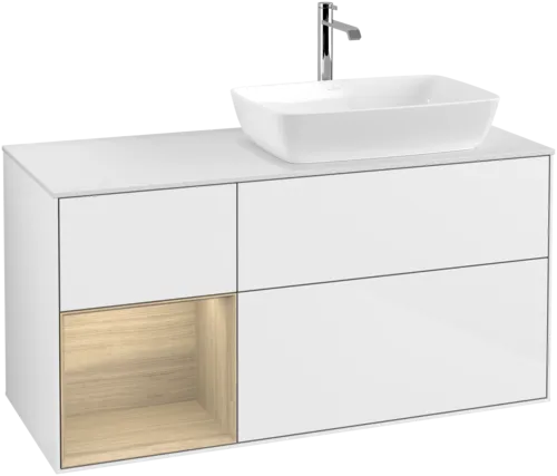 VILLEROY BOCH Finion Vanity unit, with lighting, 3 pull-out compartments, 1200 x 603 x 501 mm, Glossy White Lacquer / Oak Veneer / Glass White Matt #F801PCGF resmi