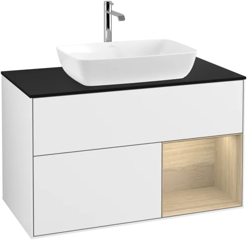 VILLEROY BOCH Finion Vanity unit, with lighting, 2 pull-out compartments, 1000 x 603 x 501 mm, Glossy White Lacquer / Oak Veneer / Glass Black Matt #F782PCGF resmi
