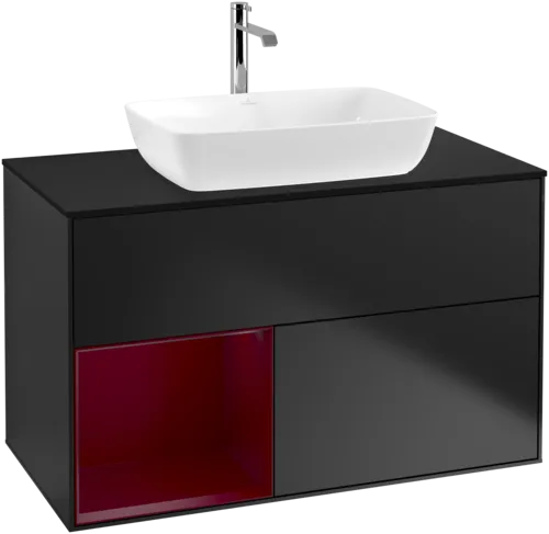 VILLEROY BOCH Finion Vanity unit, with lighting, 2 pull-out compartments, 1000 x 603 x 501 mm, Black Matt Lacquer / Peony Matt Lacquer / Glass Black Matt #F772HBPD resmi
