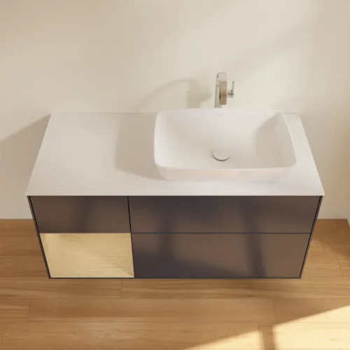 Bild von VILLEROY BOCH Finion Waschbeckenunterschrank, mit Beleuchtung, 3 Auszüge, 1200 x 603 x 501 mm, Midnight Blue Matt Lacquer / Oak Veneer / Glass White Matt #F801PCHG
