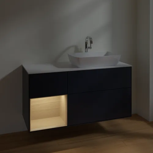 Bild von VILLEROY BOCH Finion Waschbeckenunterschrank, mit Beleuchtung, 3 Auszüge, 1200 x 603 x 501 mm, Midnight Blue Matt Lacquer / Oak Veneer / Glass White Matt #F801PCHG