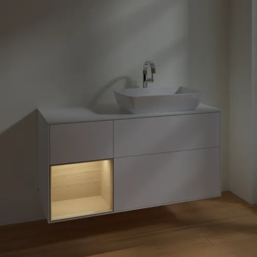 Bild von VILLEROY BOCH Finion Waschbeckenunterschrank, mit Beleuchtung, 3 Auszüge, 1200 x 603 x 501 mm, White Matt Lacquer / Oak Veneer / Glass White Matt #F801PCMT