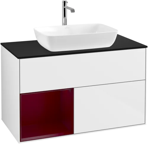 VILLEROY BOCH Finion Vanity unit, with lighting, 2 pull-out compartments, 1000 x 603 x 501 mm, Glossy White Lacquer / Peony Matt Lacquer / Glass Black Matt #F772HBGF resmi
