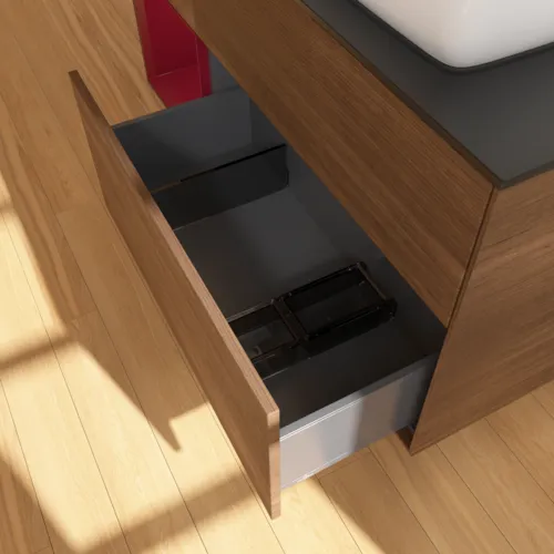 Picture of VILLEROY BOCH Finion Vanity unit, with lighting, 3 pull-out compartments, 1200 x 603 x 501 mm, Walnut Veneer / Peony Matt Lacquer / Glass Black Matt #F802HBGN