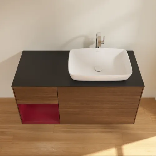 Picture of VILLEROY BOCH Finion Vanity unit, with lighting, 3 pull-out compartments, 1200 x 603 x 501 mm, Walnut Veneer / Peony Matt Lacquer / Glass Black Matt #F802HBGN