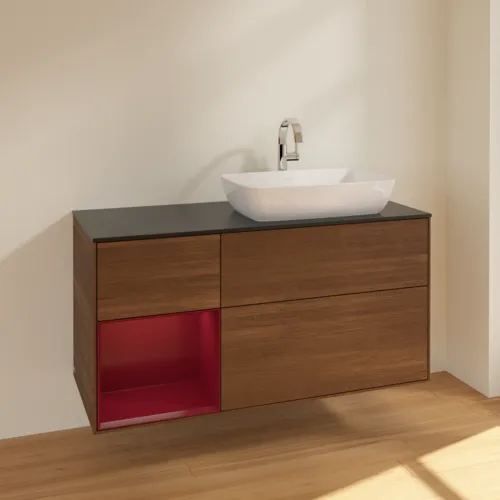 Picture of VILLEROY BOCH Finion Vanity unit, with lighting, 3 pull-out compartments, 1200 x 603 x 501 mm, Walnut Veneer / Peony Matt Lacquer / Glass Black Matt #F802HBGN