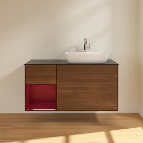 Picture of VILLEROY BOCH Finion Vanity unit, with lighting, 3 pull-out compartments, 1200 x 603 x 501 mm, Walnut Veneer / Peony Matt Lacquer / Glass Black Matt #F802HBGN