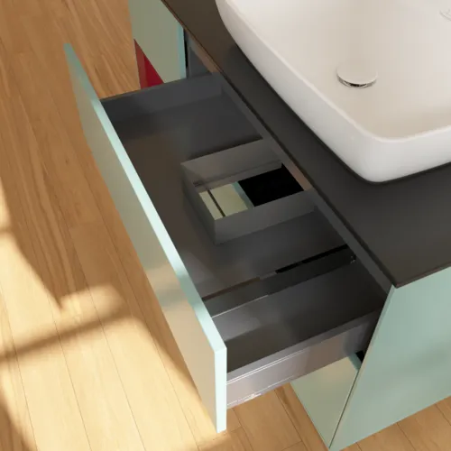Bild von VILLEROY BOCH Finion Waschbeckenunterschrank, mit Beleuchtung, 3 Auszüge, 1200 x 603 x 501 mm, Olive Matt Lacquer / Peony Matt Lacquer / Glass Black Matt #F802HBGM